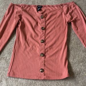 coral off the shoulder shirt.
